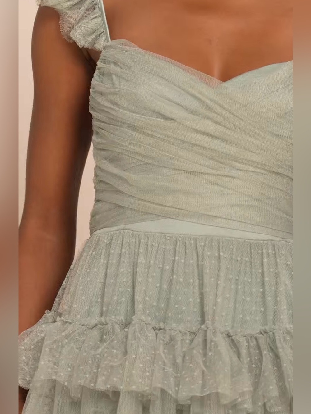 NWT Lulus Pure Radiance Sage Brush Mesh Swiss Dot Tiered Maxi Dress - Picture 3 of 10